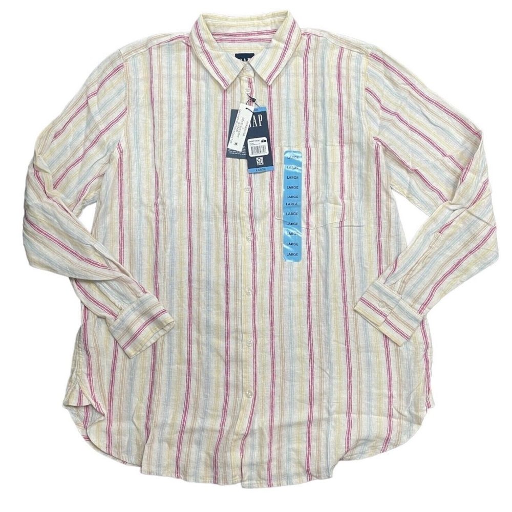 Gap Lightweight Long Sleeve Collared Linen Button Down Top (Dotted Sun Stripe)